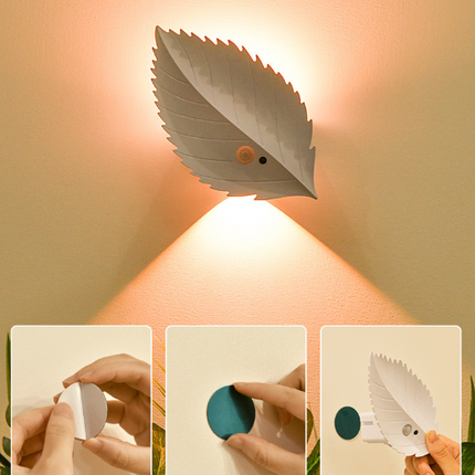 White Leaf-Shaped LED Motion Sensor Night Light - USB Rechargeable Wireless Wall Lamp with Remote Control