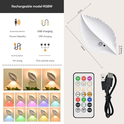 White RGB Color-Changing Leaf LED Night Light - Wireless Motion Sensor Wall Lamp with Remote Control for Ambiance Lighting