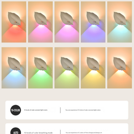 White RGB Color-Changing Leaf LED Night Light - Wireless Motion Sensor Wall Lamp with Remote Control for Ambiance Lighting