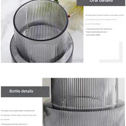 Transparent Modern Two-Tier Ribbed Glass Vase - Elegant Cylindrical Flower Centrepiece for Home Decor