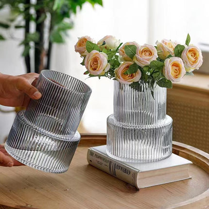 Pink Modern Two-Tier Ribbed Glass Vase - Elegant Cylindrical Flower Centrepiece for Home Decor