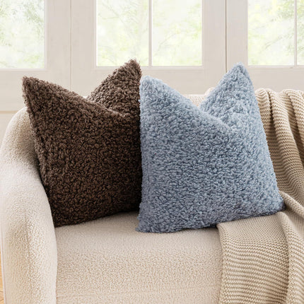 2 Pcs Brown Cozy Teddy Boucle Cushion Cover - Plush Decorative Square Pillow Case for Sofa & Bed