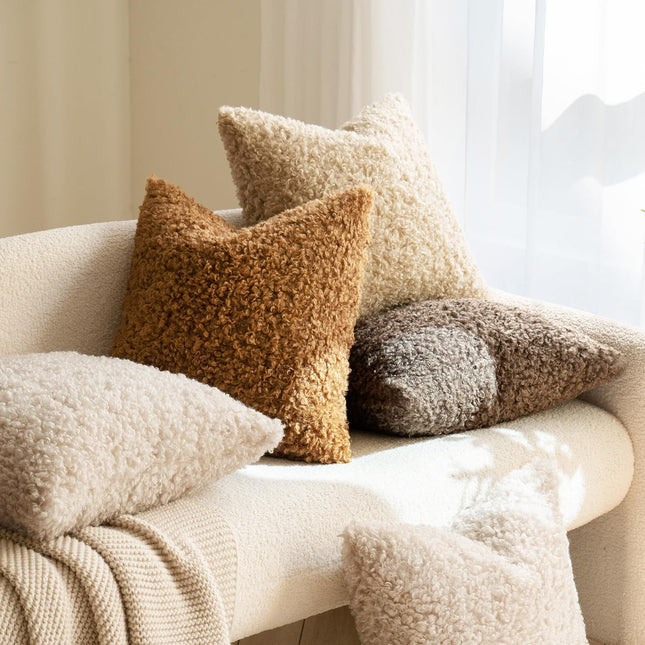 2 Pcs Coffee Cozy Teddy Boucle Cushion Cover - Plush Decorative Square Pillow Case for Sofa & Bed