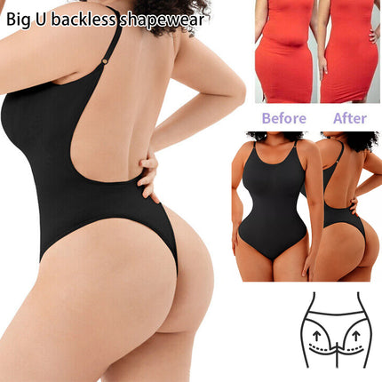 2 Pcs Size M Black Seamless Backless Bodysuit Shapewear - Deep U-Plunge Tummy Control Thong Shaper