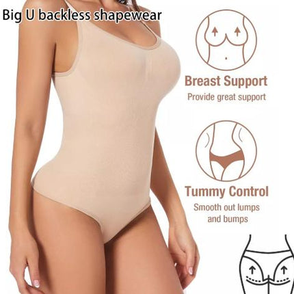 2 Pcs Size M Black Seamless Backless Bodysuit Shapewear - Deep U-Plunge Tummy Control Thong Shaper