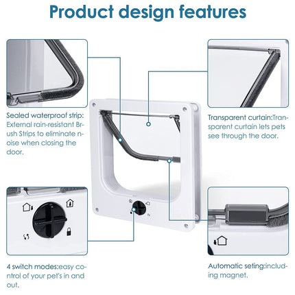 Size L White 4-Way Locking Pet Flap Door for Cats and Small Dogs - Weatherproof Magnetic Cat Door