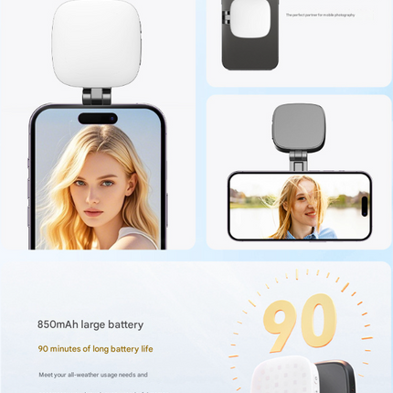 White Magnetic Foldable Selfie Light with Mirror - Rechargeable LED Fill Light for iPhone & Android Vlogging(Mobile phone is a shooting prop and is not included)