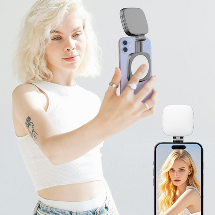 Black Magnetic Foldable Selfie Light with Mirror - Rechargeable LED Fill Light for iPhone & Android Vlogging(Mobile phone is a shooting prop and is not included)