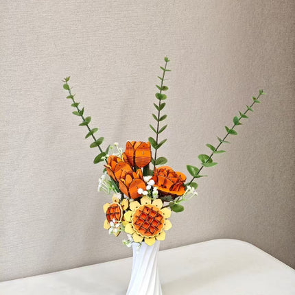 Orange DIY 3D Wooden Flower Bouquet Puzzle Set with Vase - Craft Kit for Kids and Adults