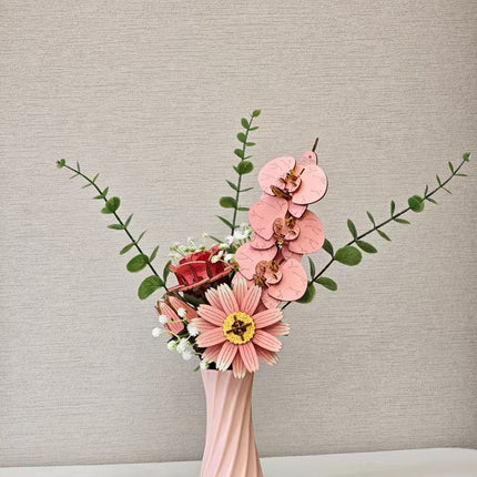 Pink DIY 3D Wooden Flower Bouquet Puzzle Set with Vase - Craft Kit for Kids and Adults