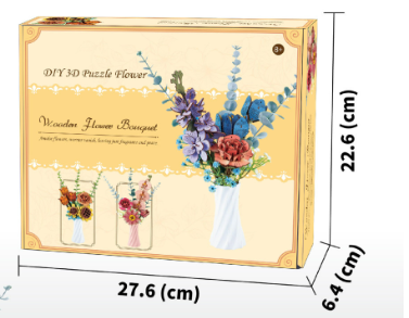 Pink DIY 3D Wooden Flower Bouquet Puzzle Set with Vase - Craft Kit for Kids and Adults