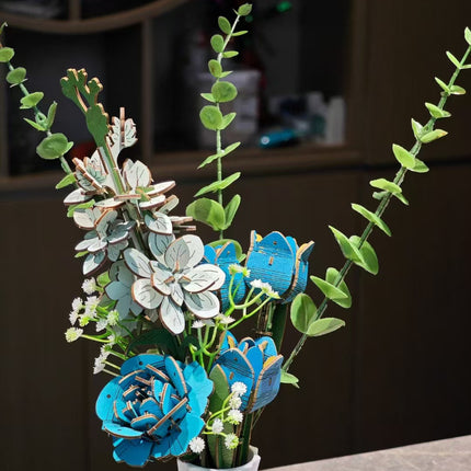 Blue DIY 3D Wooden Flower Bouquet Puzzle Set with Vase - Craft Kit for Kids and Adults