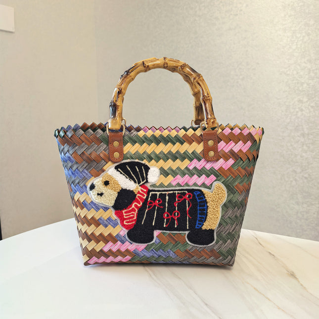 Black-coated Dog Vintage Striped Dachshund Woven Tote Bag