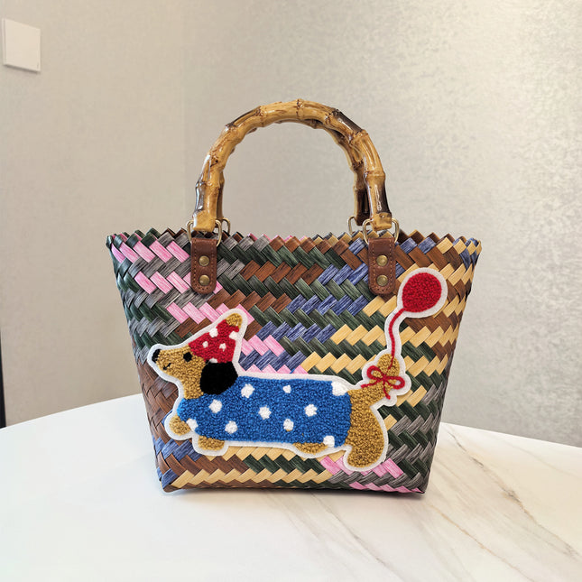 Red Balloon Dog Vintage Striped Dachshund Woven Tote Bag