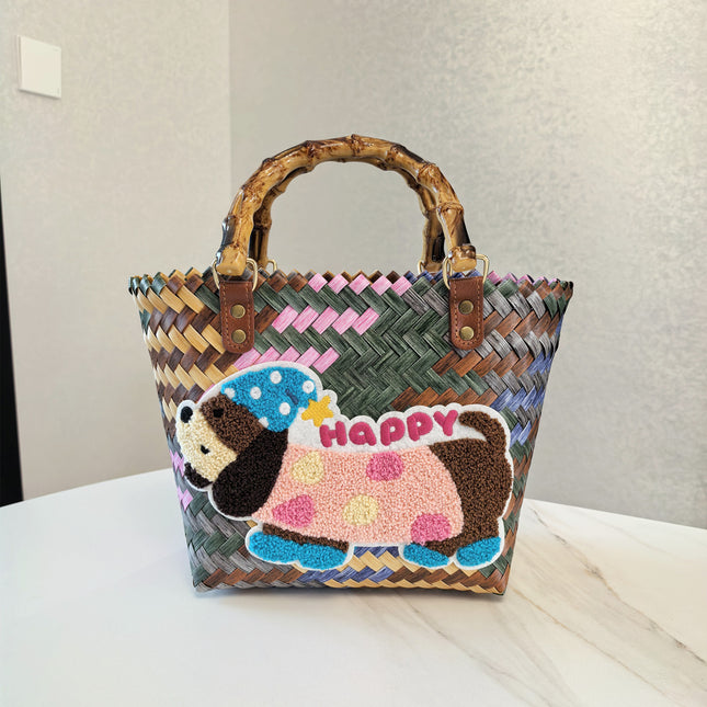 Happy Dog Vintage Striped Dachshund Woven Tote Bag