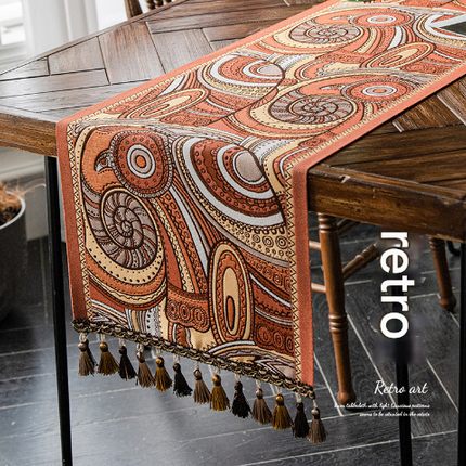 Retro American Retro Jacquard Embroidered Table Runner - Light Luxury Table Mat 30cm x 180cm with Tassels
