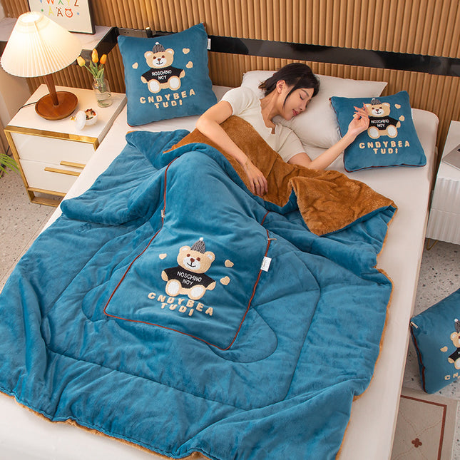 Lake Blue Padded Thickened Hat Bear 2-in-1 Foldable Car Pillow Blanket