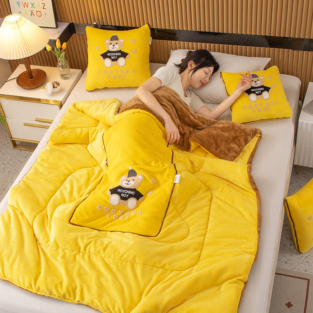 Yellow Padded Thickened Hat Bear 2-in-1 Foldable Car Pillow Blanket