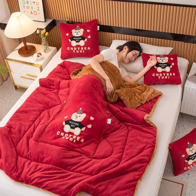 Wine Red Padded Thickened Hat Bear 2-in-1 Foldable Car Pillow Blanket