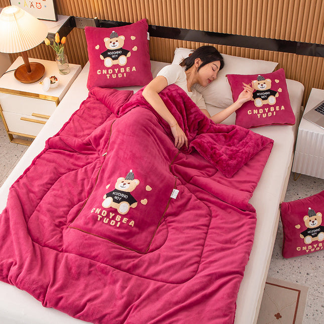 Rose Red Padded Thickened Hat Bear 2-in-1 Foldable Car Pillow Blanket