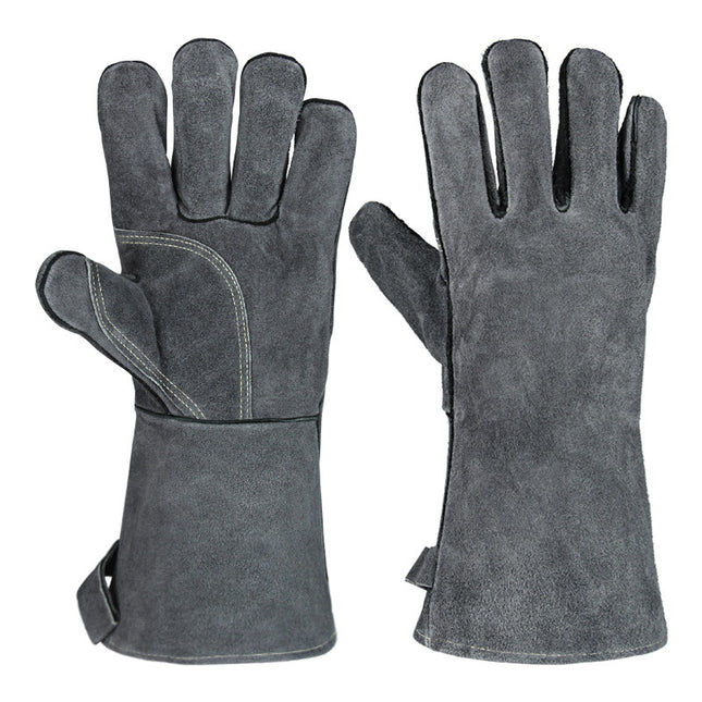 Grey 14-Inch Premium Leather BBQ Gloves