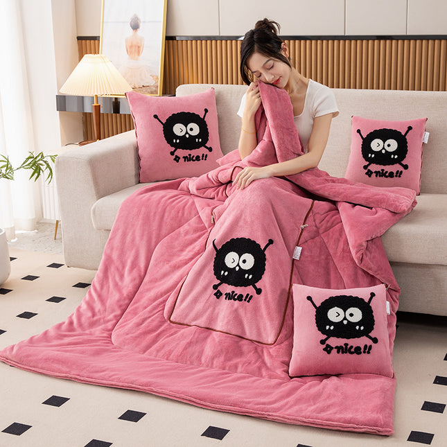 Bean Pink Padded and Thickened Elf 2-in-1 Foldable Car Pillow Blanket