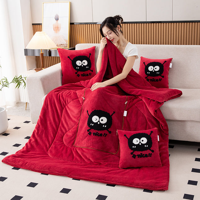 Wine Red Padded and Thickened Elf 2-in-1 Foldable Car Pillow Blanket