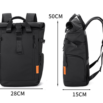 Black Urban Explorer Roll-Top Backpack - Water-Resistant Large Capacity Bag for Travel, Work & Laptop