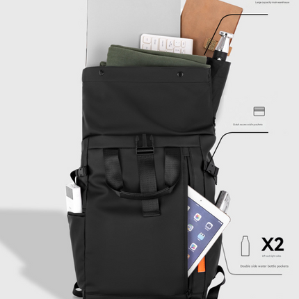 Black Urban Explorer Roll-Top Backpack - Water-Resistant Large Capacity Bag for Travel, Work & Laptop