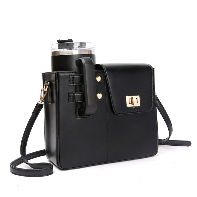 Black Portable Insulated Water Bottle Carrier Bag with Adjustable Shoulder Strap