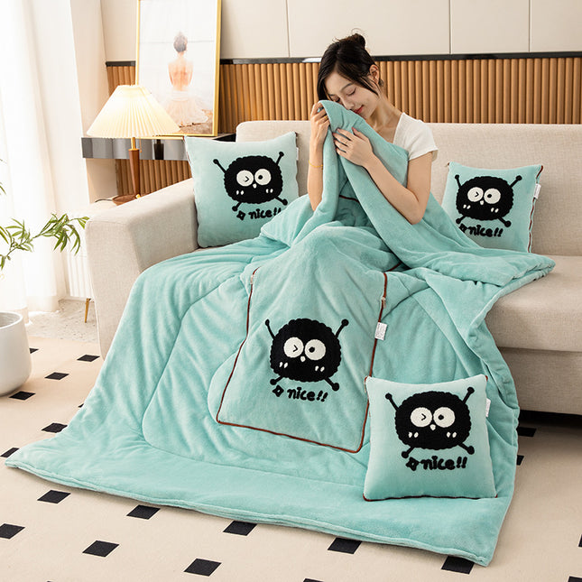 Water Green Padded and Thickened Elf 2-in-1 Foldable Car Pillow Blanket