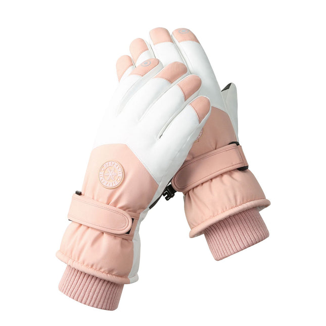 Women's Pink-white Color Combination Top-Rated Waterproof Touchscreen Ski Gloves