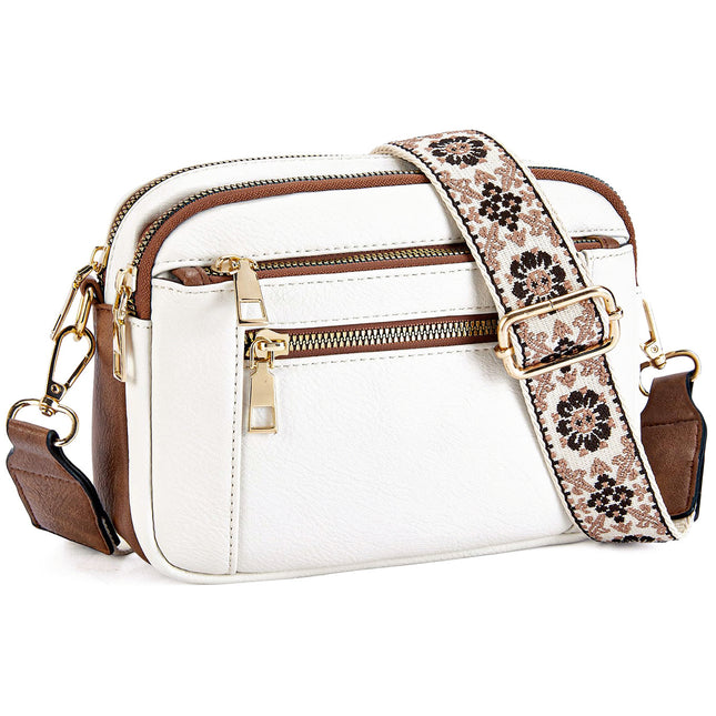 Double Zipper White Brown Chic Quilted Crossbody Bag