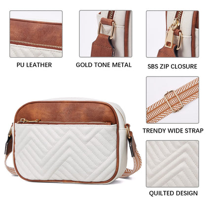 Double Zipper White Brown Chic Quilted Crossbody Bag - Vintage PU Leather Shoulder Purse with Adjustable Strap