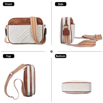 Double Zipper White Brown Chic Quilted Crossbody Bag - Vintage PU Leather Shoulder Purse with Adjustable Strap