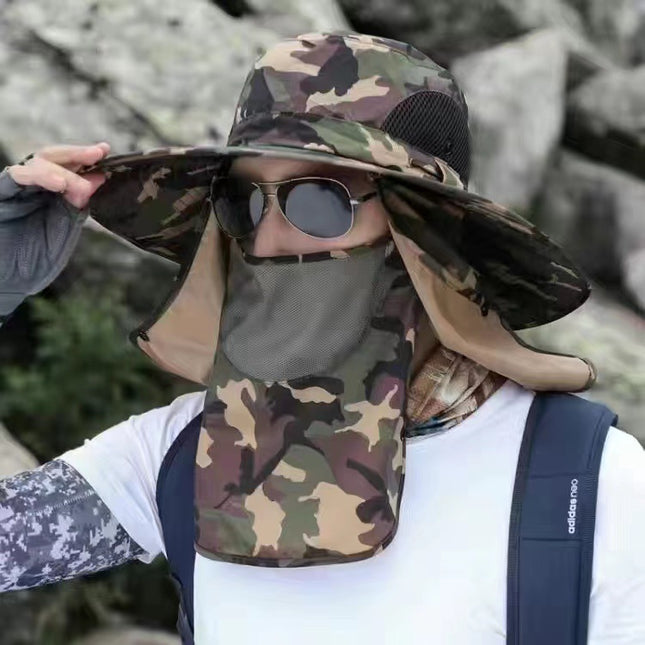 Dark Green Camouflage Outdoor Sun Protection Hat with Detachable Face and Neck Flap