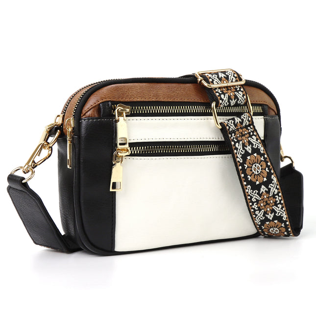 Double Zipper Black White Brown Chic Quilted Crossbody Bag