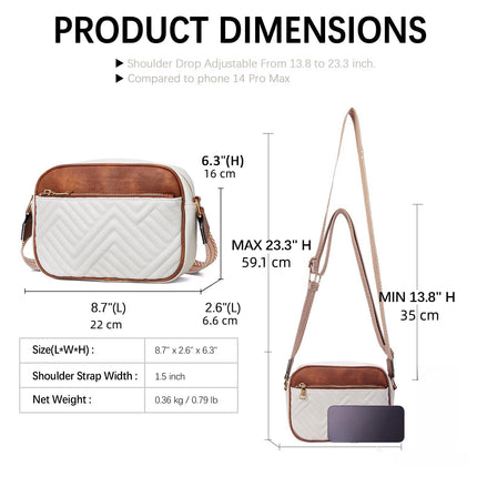 Double Zipper Grey Chic Quilted Crossbody Bag - Vintage PU Leather Shoulder Purse with Adjustable Strap