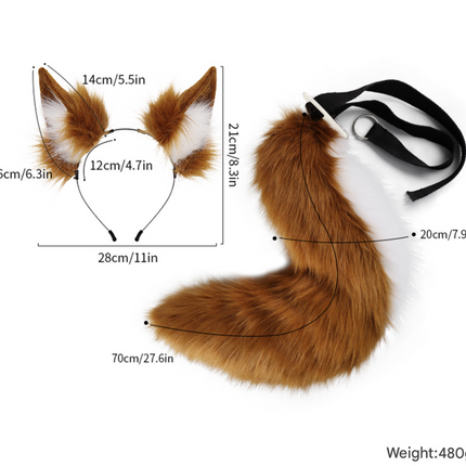Pink Plush Faux Fur Fox Ears Headband and Tail Set - Realistic Animal Costume for Cosplay & Parties