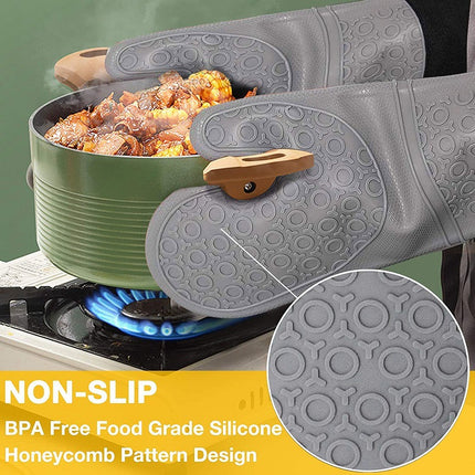 Grey Set BPA-Free Non-Slip Silicone Oven Mitts - Heat Resistant Gloves with Honeycomb Pattern for Kitchen Safety