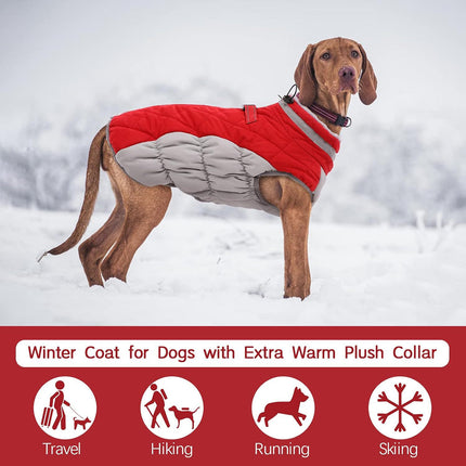 XS Red Grey Premium Winter Puffer Dog Coat - Windproof & Fleece-Lined Jacket for Cold Weather