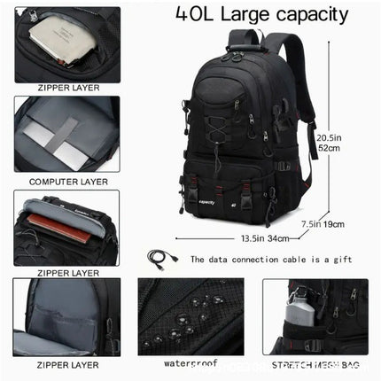 Blue 40L Large Capacity Travel Backpack - Water-Resistant Hiking Rucksack with USB Charging Port