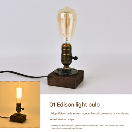 Rustic Industrial Table Lamp Vintage Wooden Base Accent Light