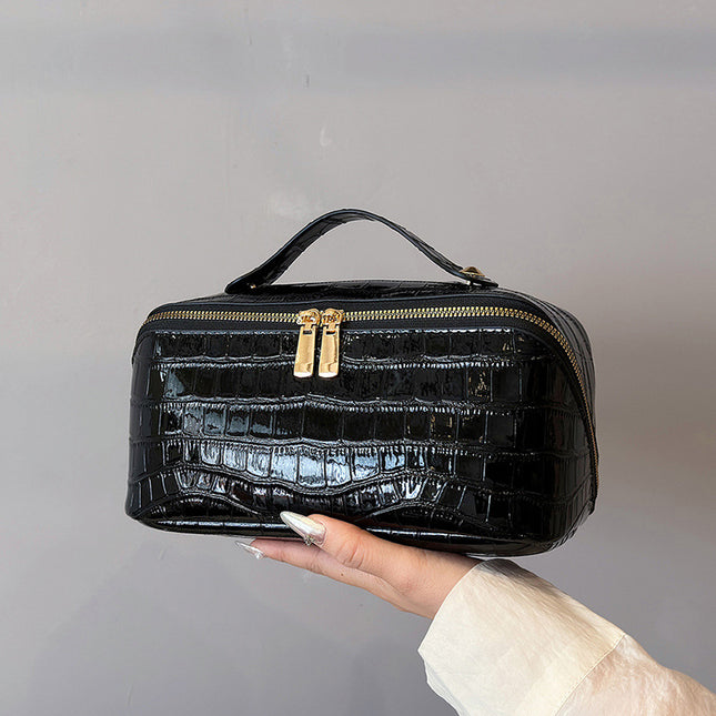 Black Chic Croc-Embossed Travel Makeup Case Large Capacity Cosmetic Organizer Bag V888-ELOSUNG33753