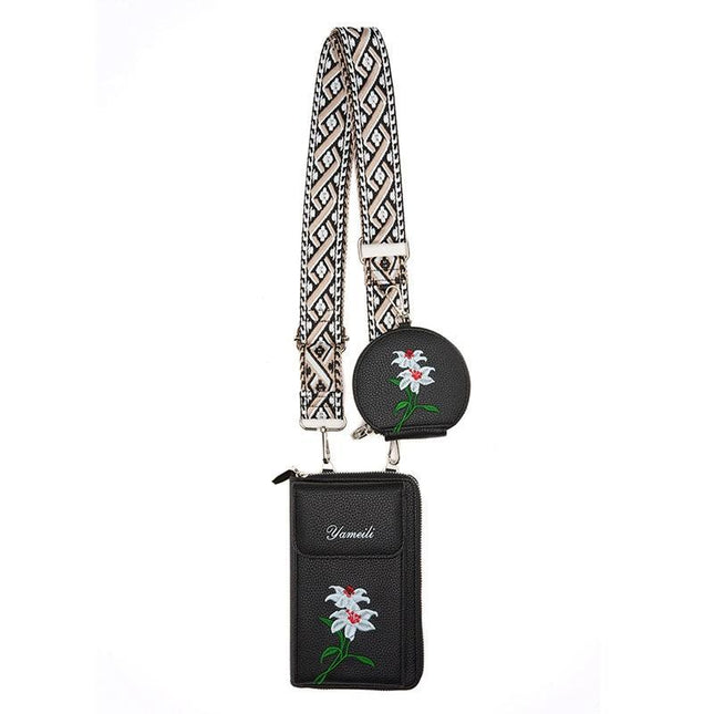 Black Chic Floral Embroidered 2-in-1 Crossbody Phone Bag with Coin Purse V888-ELOSUNG33771