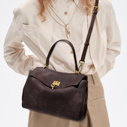 Grey Women's Vintage Suede Satchel Bag - Elegant Top Handle Purse with Gold Lock