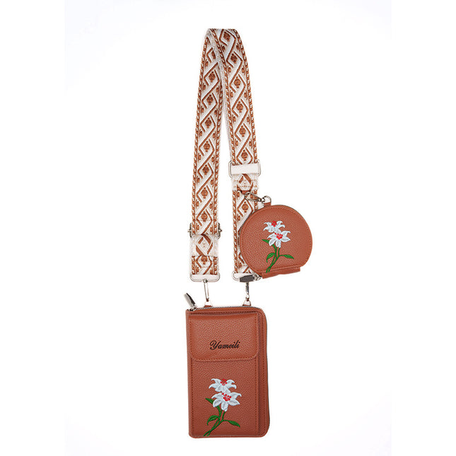 Brown Chic Floral Embroidered 2-in-1 Crossbody Phone Bag with Coin Purse V888-ELOSUNG33782