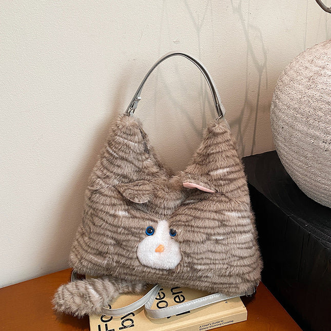 Grey Adorable Fluffy Cat Shoulder Bag