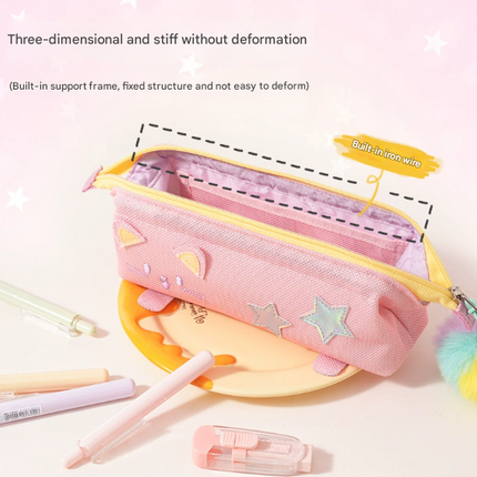 Pink Cute Cat Pencil Case for Girls - Large Capacity Sparkly Stationery Pouch with Fluffy Pom Pom
