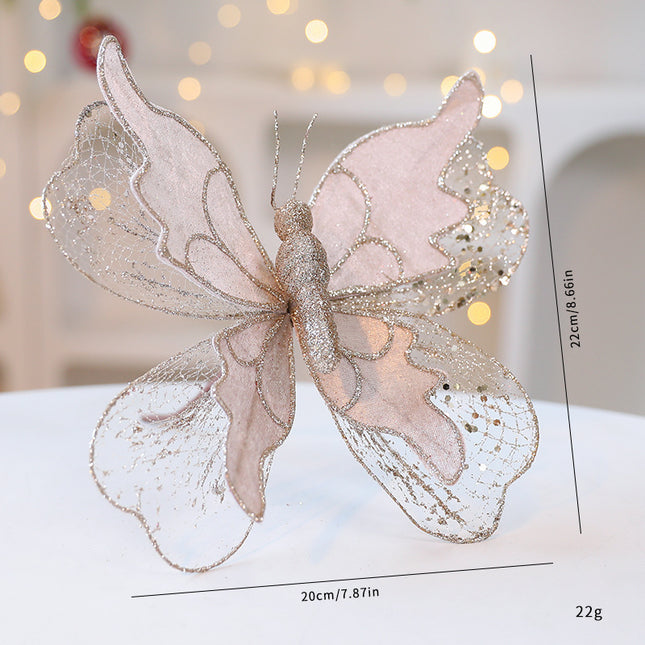 Champagne Gold Large Glitter Butterfly Christmas Ornaments (Set of 2)